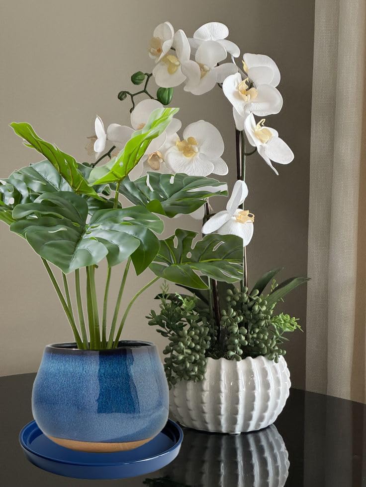 Plant Saucer Pot Tray Planter Saucers 4 Pack 4 inch, 5 6 7 8 9 10 11 12 13 15 Inch for Indoors Outdoor, Durable Sturdy Ceramic Flower Drainage drip Water Tray for Glazed Pots Base ((4.5"/4.1"-Blue)