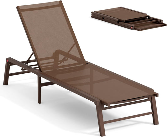 Aluminum Chaise Lounge Chair Outdoor, Foldable Patio Lounge Chair Assemble-Free, Pool Lounge Chairs with 5 Adjustable Backrest, Outdoor Lounge Chairs for Outside Poolside Beach Lawn Brown
