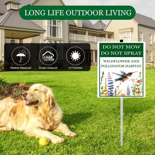 Do Not Mow Do Not Spray Wildflower and Pollinator Habitat Yard Sign With Stakes 7x9.8 inches Rustproof Reflective Aluminum Pollinator Friendly Garden Sign Stand Outdoor