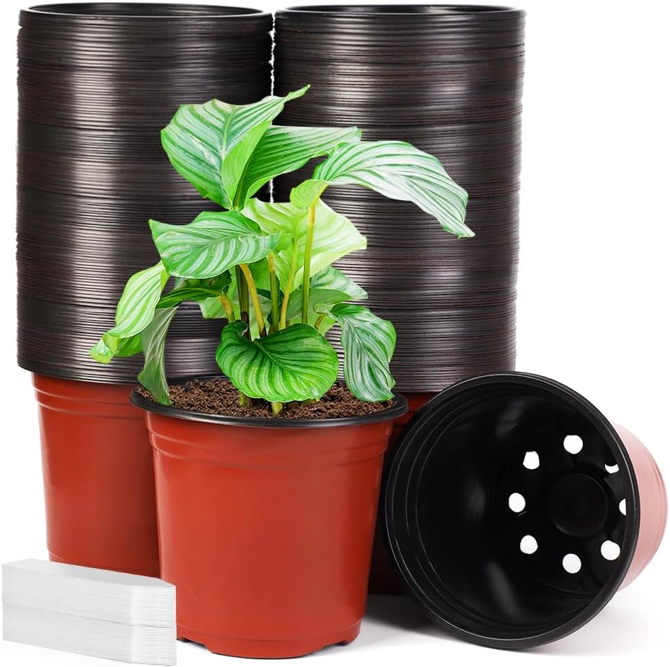 JERIA 200 Pack 6 Inch Plastic Nursery Pots Comewith Drainage Holes, Seedling Flower Plant Container and Seed Starting Pots with 200 Pcs Labels