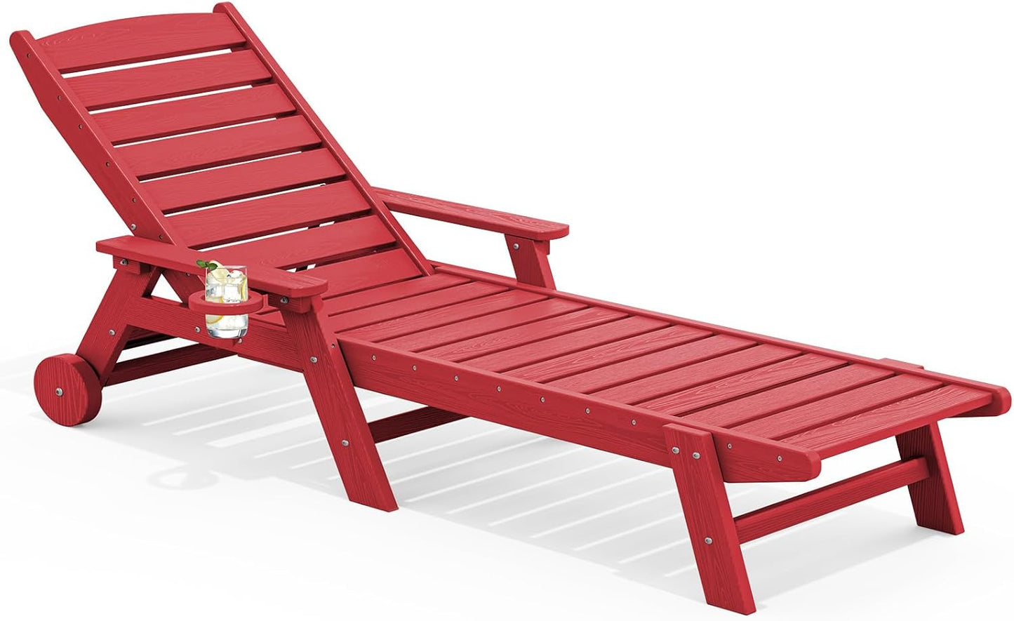 SERWALL Patio Chaise Lounge Chair, 78'' Long HDPE 5 Positions Adjustable Outdoor Lounger, Poly Lounge Chair with Rolling Wheels & Cup Holder for Pool, Bright Red