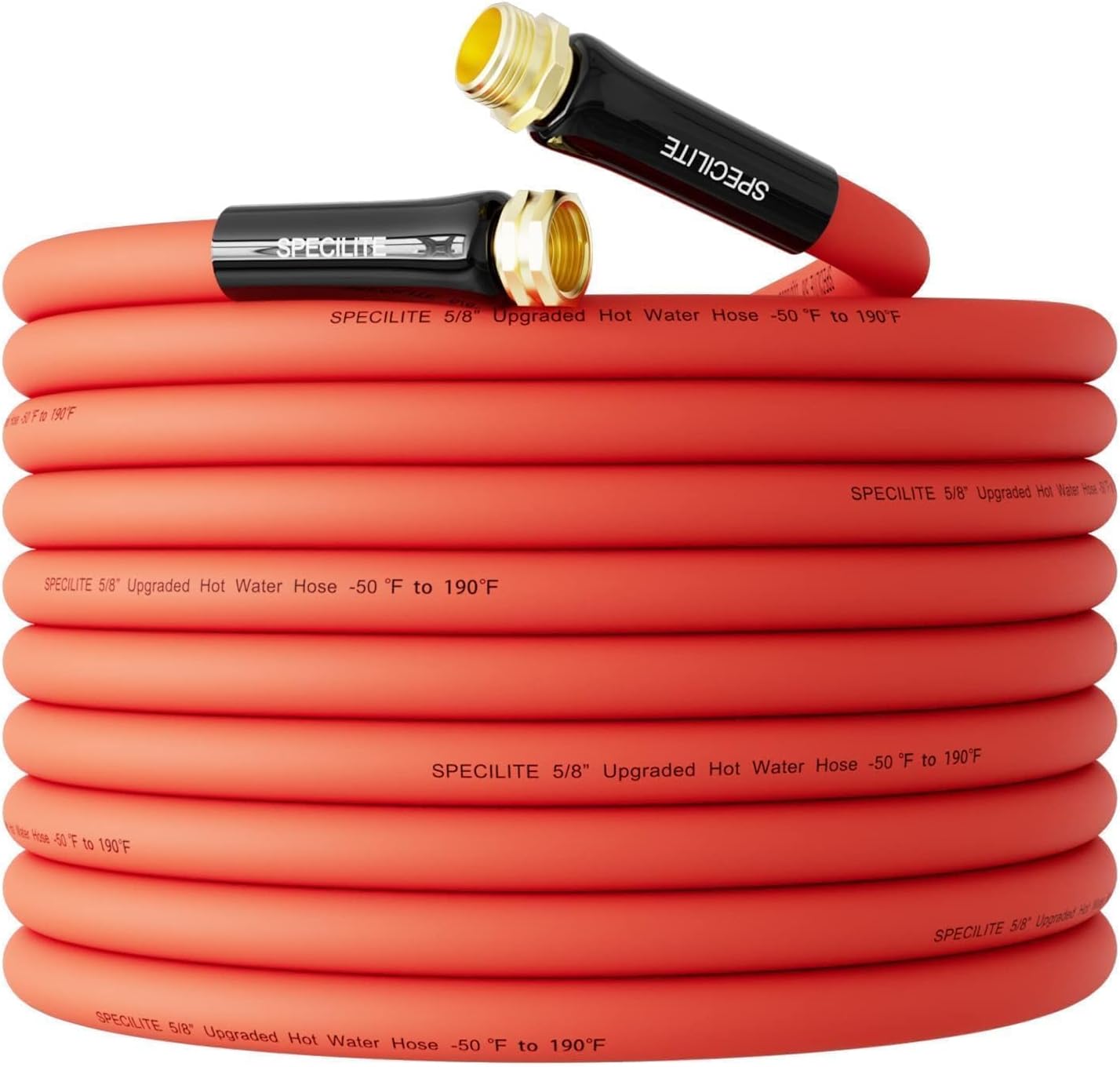 5/8" Hot/Cold Rubber Garden Water Hose 50 ft, -50℉-190℉, 200psi Working, 600psi Burst, Flexible & Lightweight With 3/4" Brass Fittings for Yard, Outdoor, Farm, Agriculture, Construction, Red