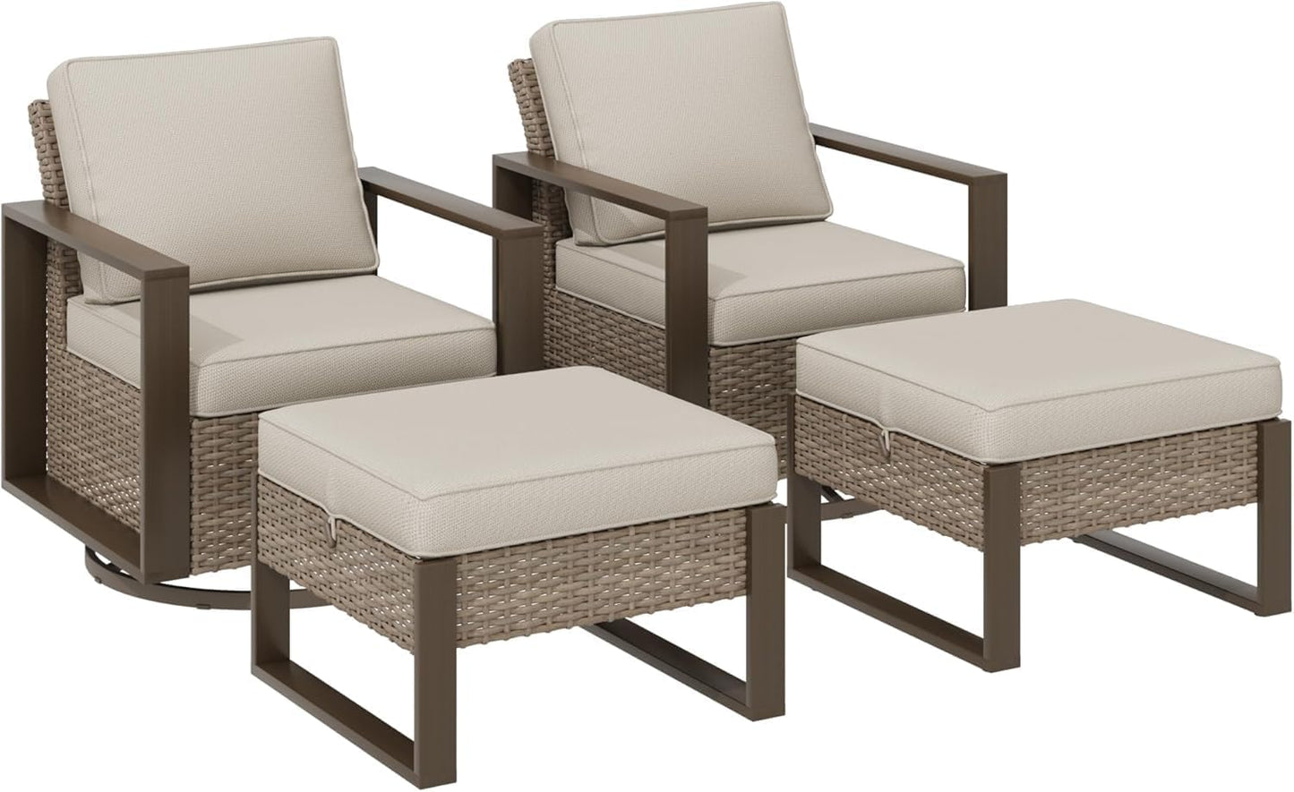 Outdoor Wicker Metal Chairs Set of 2 with Two Ottomans, 360 Degree Glider Rockers Armchairs, 4 Pieces Patio Bistro Set with Wood-Looking Metal Armrest for Poolside, Terrace, Beige