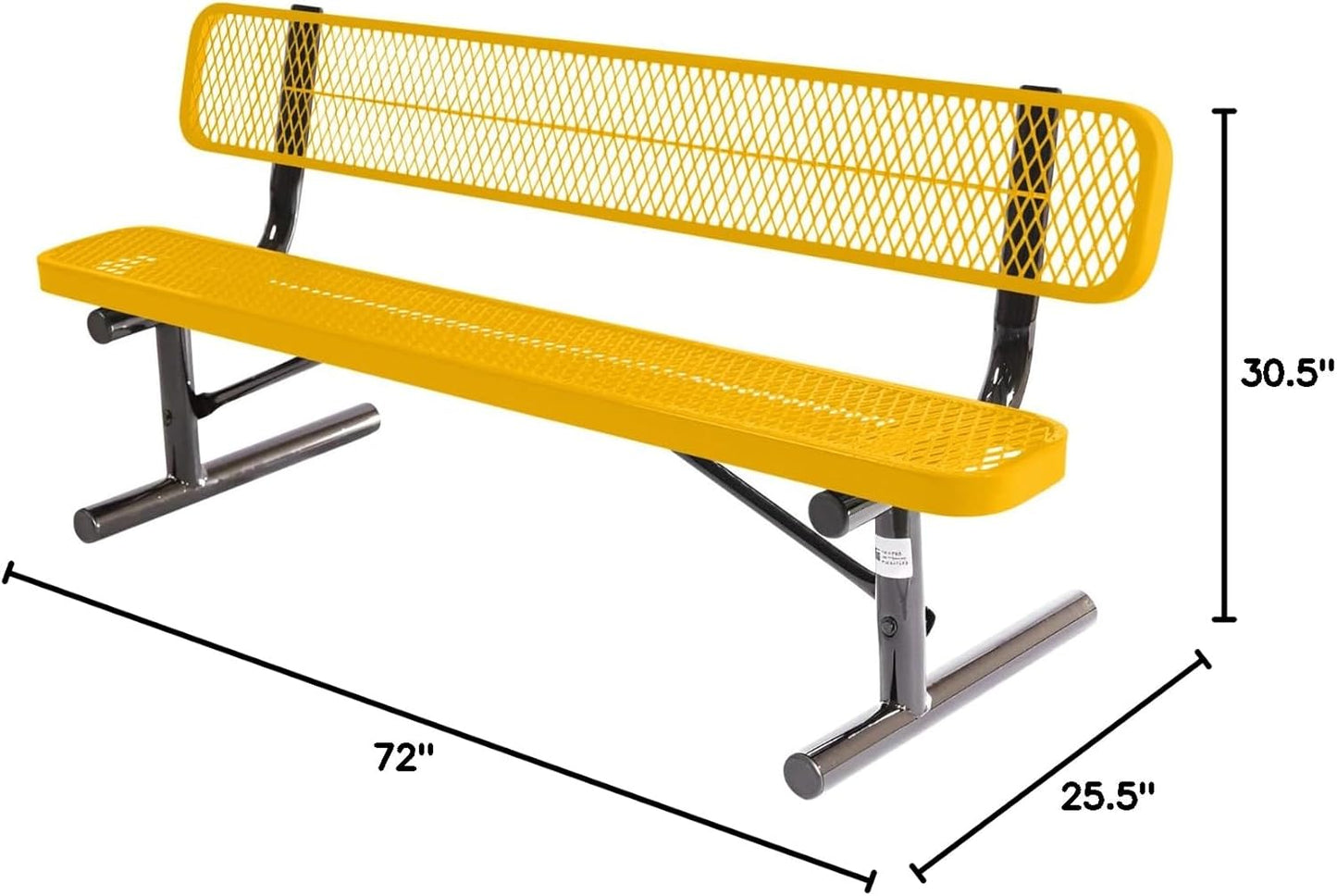 Heavy-Duty Portable Outdoor Bench Thermoplastic Coated, Expanded Metal, Commercial-Grade Seating, Made in America (Portable with Back, 6 Ft, Textured Yellow)