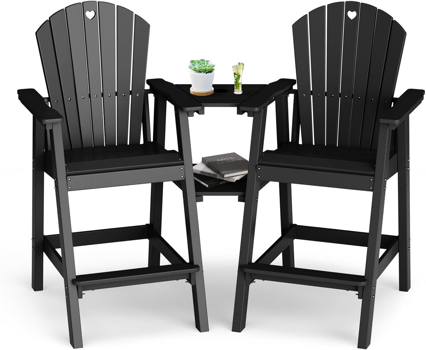 Tall Adirondack Chairs Set of 2-Durable HDPE Outdoor Bar Stools with Double Connecting Tray, Weatherproof Patio Furniture for Poolside, Backyard, Deck & Lawn Relaxation (Black)