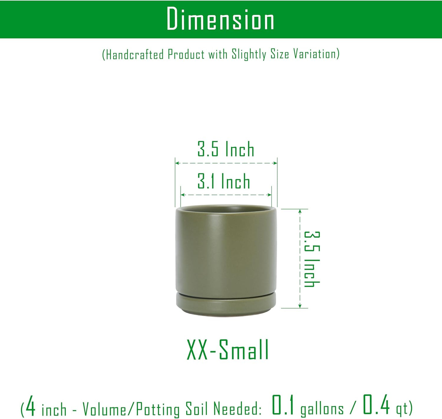D'vine Dev Set of 2 Plants Pots, 3.5 Inch Ceramic Planter Pot for Plants with Drainage Hole and Saucer, Olive, 94-V-A-J