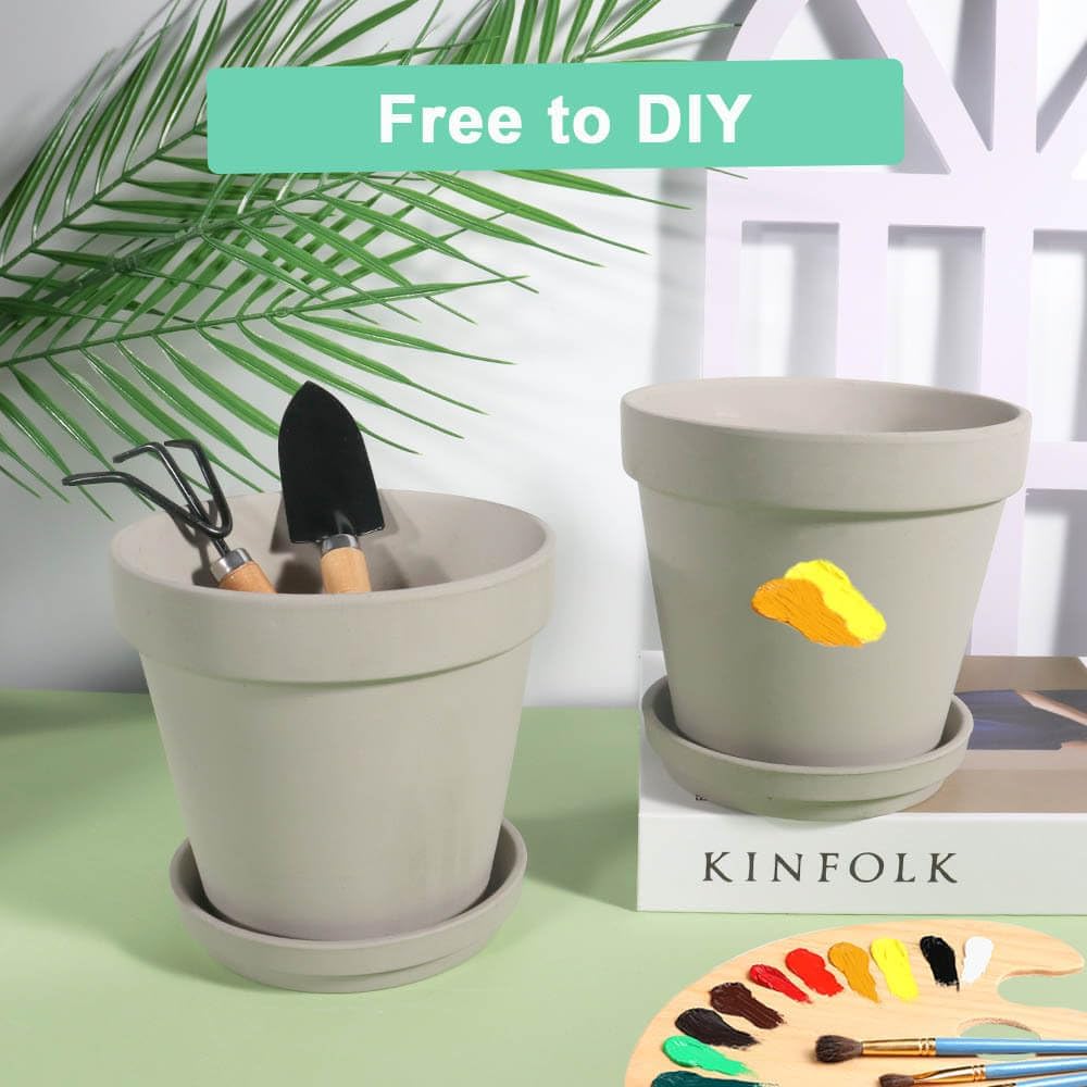 vensovo 6 Inch Grey Terracotta & Clay Pots for Plant with Saucer - 4 Pack Medium Terra Cotta Planter with Drainage Hole, Flowerpot for Indoor Outdoor Plants, Crafts, Wedding Favor