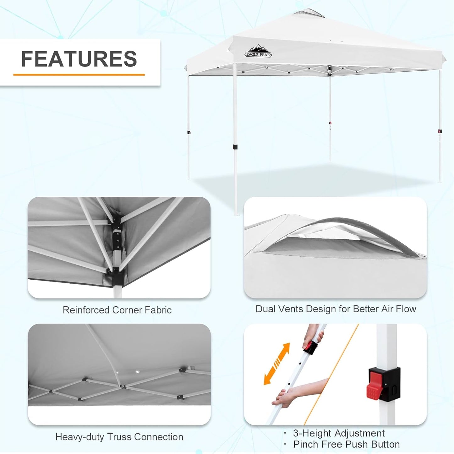 EAGLE PEAK Pop Up Canopy Tent with Wheeled Carry Bag, 8 Stakes, 4 Ropes, 4 Weight Bags, Easy Set Up Tent Canopy, 12x12 ft, 144sqft of Shade, White
