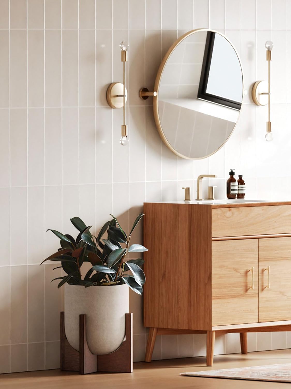 LE TAUCI 10 Inch Planter with Acacia Wood Stand, Ceramic Planters for Indoor Plants, Unique Plant Pots Indoor for Home Decor, Cylinder Pots for Plants with Drainage Hole and Plug, Neutral Gray