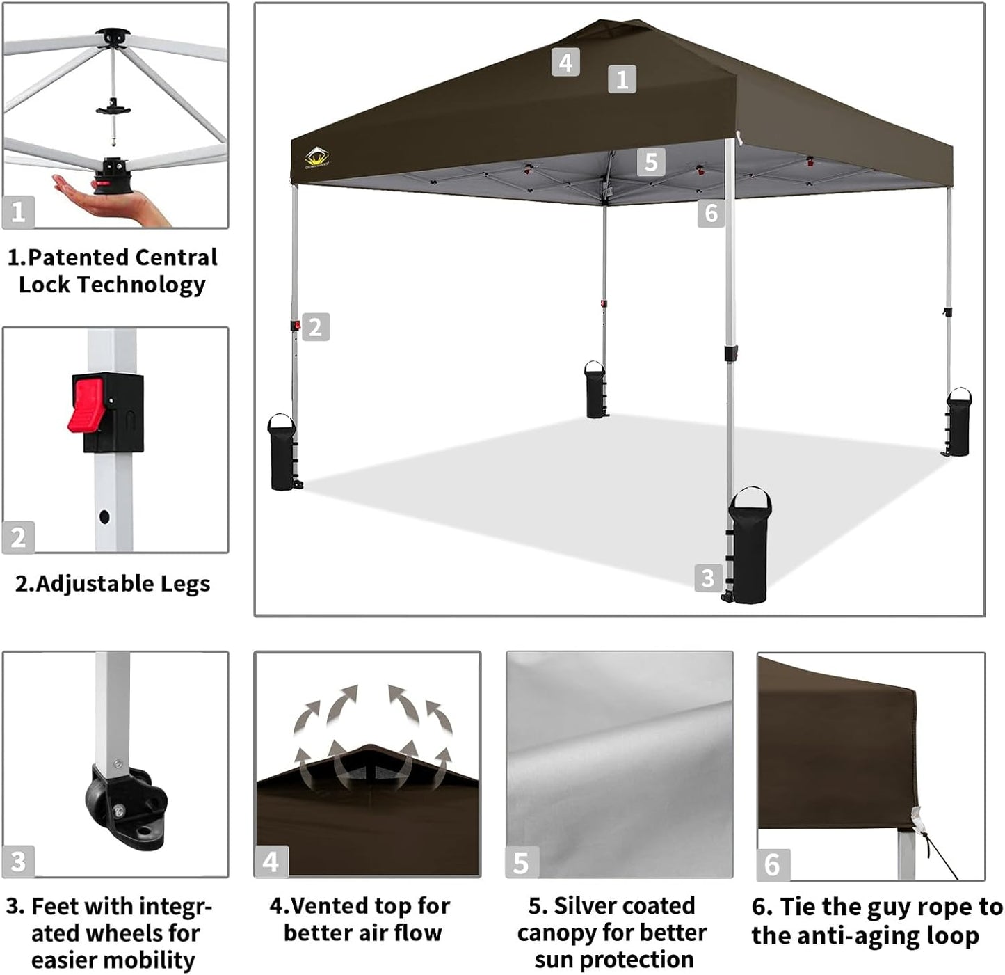 CROWN SHADES 10x10 Pop Up Canopy - Beach Tent with One Push Setup - Outdoor Sun Shade for Events, Parties, Camping - Gazebo with STO-N-Go Cover Bag, Silver Coated Top, 3 Height& 4 Sand Bags, Coffee