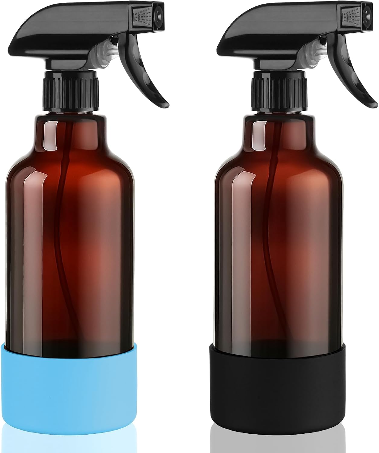Glass Spray Bottles with Silicone Sleeve 16.9oz 2 Pack Empty Spray Bottle for Hair Mist/Stream Spraying for Cleaning Solutions, Plants, Essential Oils (Brown-sblue&black)