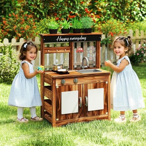 KOTEK Mud Kitchen with Acrylic Board, Fir Wood Outdoor Play Kitchen with Stoves, Faucet & Sink, Blackboard, Cooking Accessories, Kids Mud Kitchen for Backyard Garden