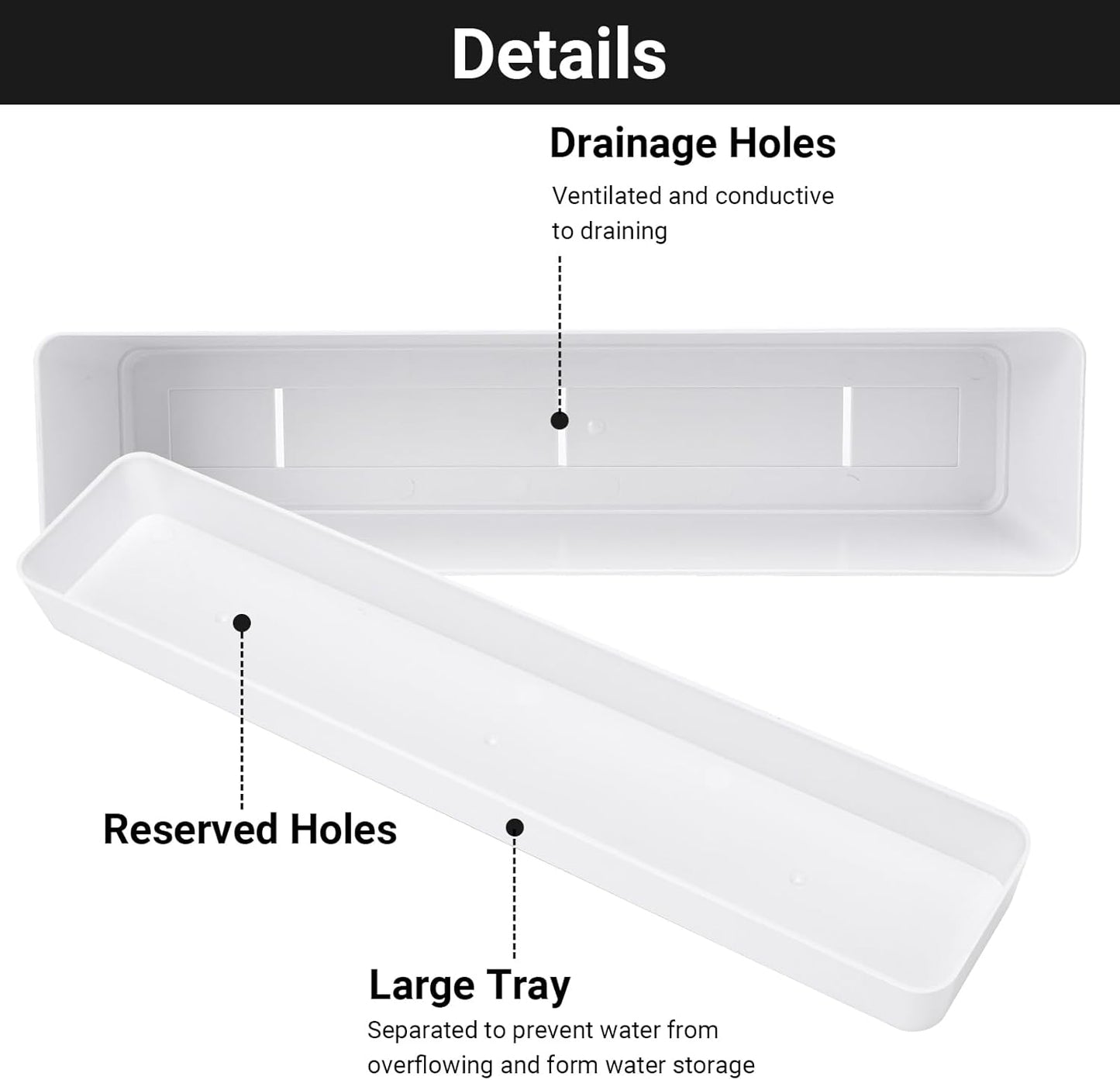 GREANER 12x3.8 Inch Herb Planters, 6 Pack White Rectangle Window Boxes with Tray, Indoor Succulent Cactus Mint Plastic Pot with Saucer for Windowsill, Balcony, Office, Outdoor Garden