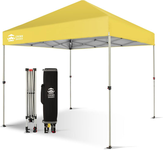 CROWN SHADES 8x8 Pop Up Canopy - Beach Tent with One Push Setup - Easy Outdoor Sun Shade for Events, Parties, Camping - Gazebo with STO-N-Go Cover Bag, Silver Coated Top, Yellow
