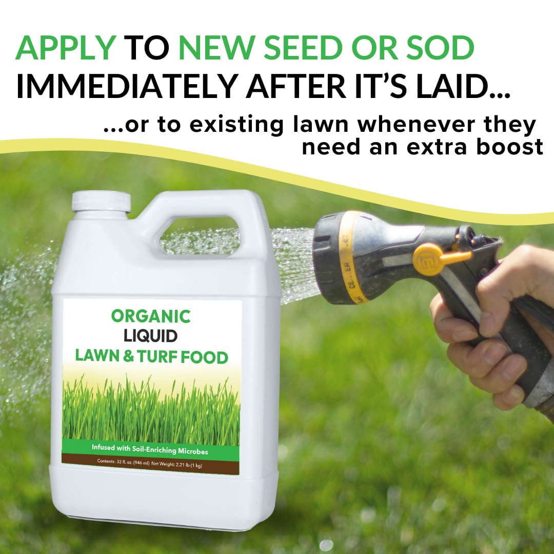Organic Liquid Lawn & Turf Food - Quickly Rejuvenates Lawn Health and Restores Rich Green Colors to Depleted Grass | Infused with Soil Enriching Microbes (32oz - 2 Pack, Treats Up to 10,000 Sq. Feet)