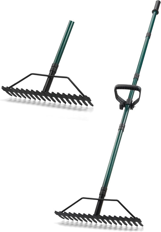 Garden Rake, 17'' Thatch Rake Heavy Duty with 63'' Long Back-Saving Adjustable Handle, Heavy Duty Metal Garden Tool for Loosening Leveling Soil, Gathering Leaves Grass, Weeding