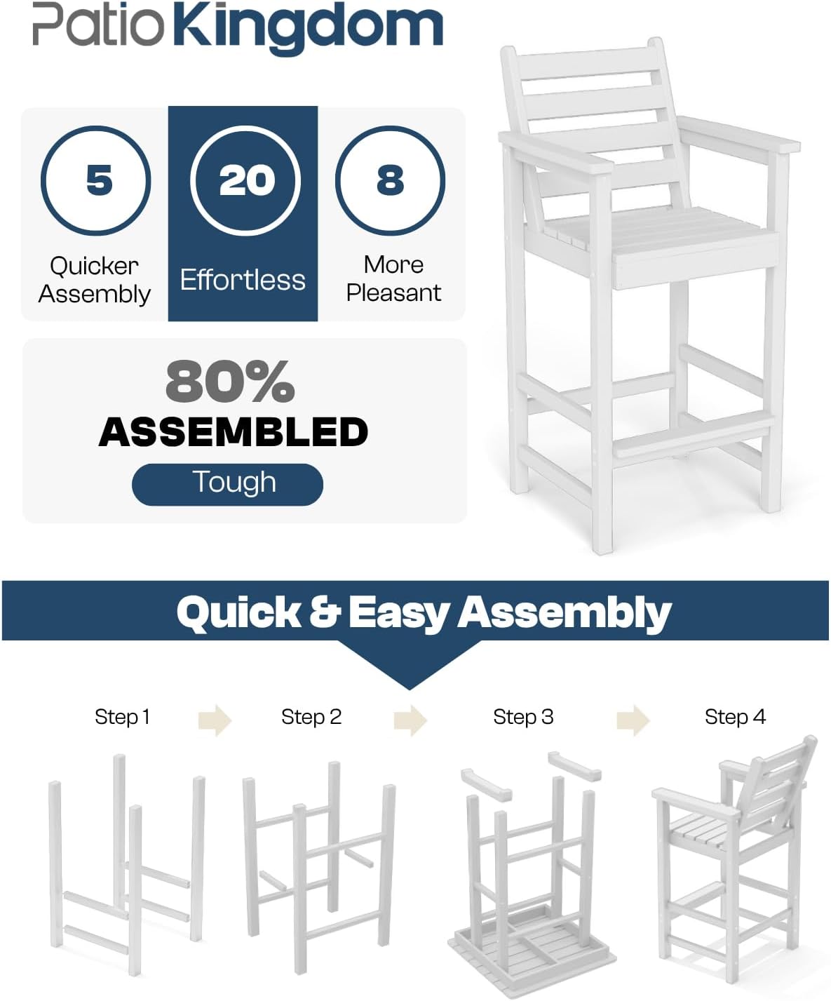 Outdoor Bar Set, 3-Piece HDPE Balcony Set with 2 Tall Adirondack Chairs and Bar Table, All-Weather Bar Height Stools for Patio, Backyard, Poolside (White)