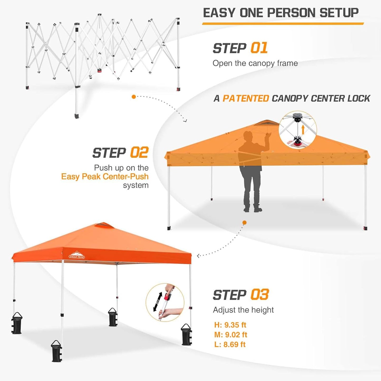 EAGLE PEAK Pop Up Canopy Tent with Wheeled Carry Bag, 8 Stakes, 4 Ropes, 4 Weight Bags, Easy Set Up Tent Canopy, 10x10 ft, 100sqft of Shade, Orange