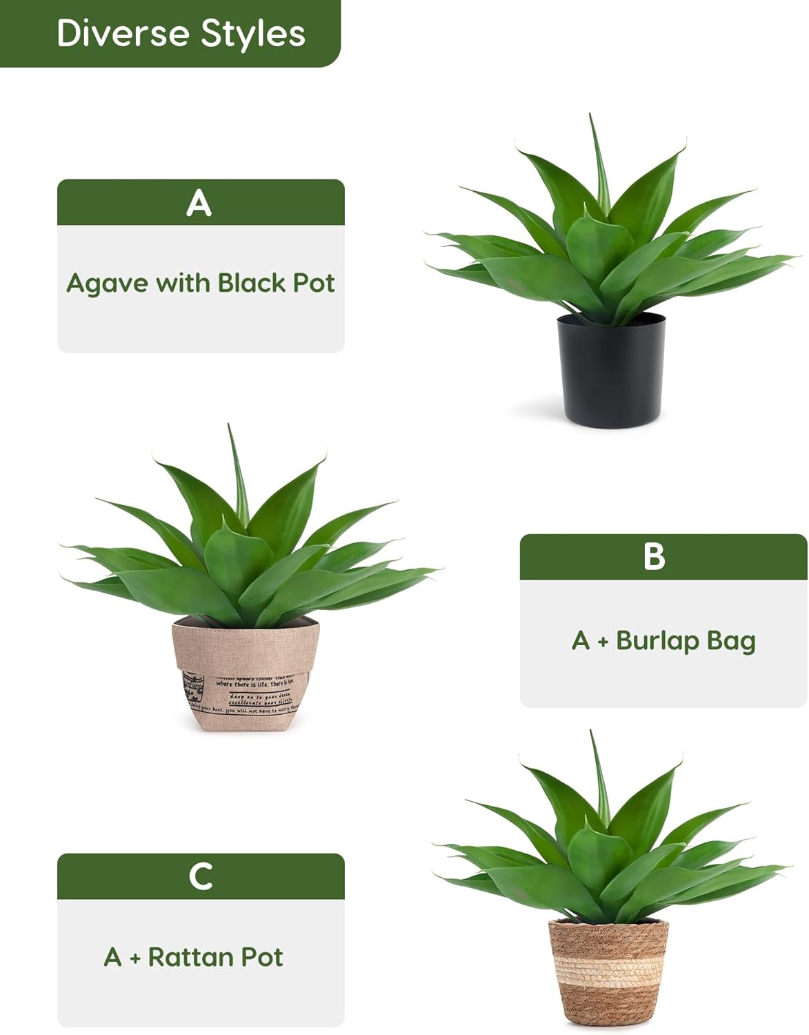 Velener Fake Agave with Black Pot, Artificial Plant Outdoor Agave - Fake Plants for Indoor and Outdoor Decor(16 Inch)