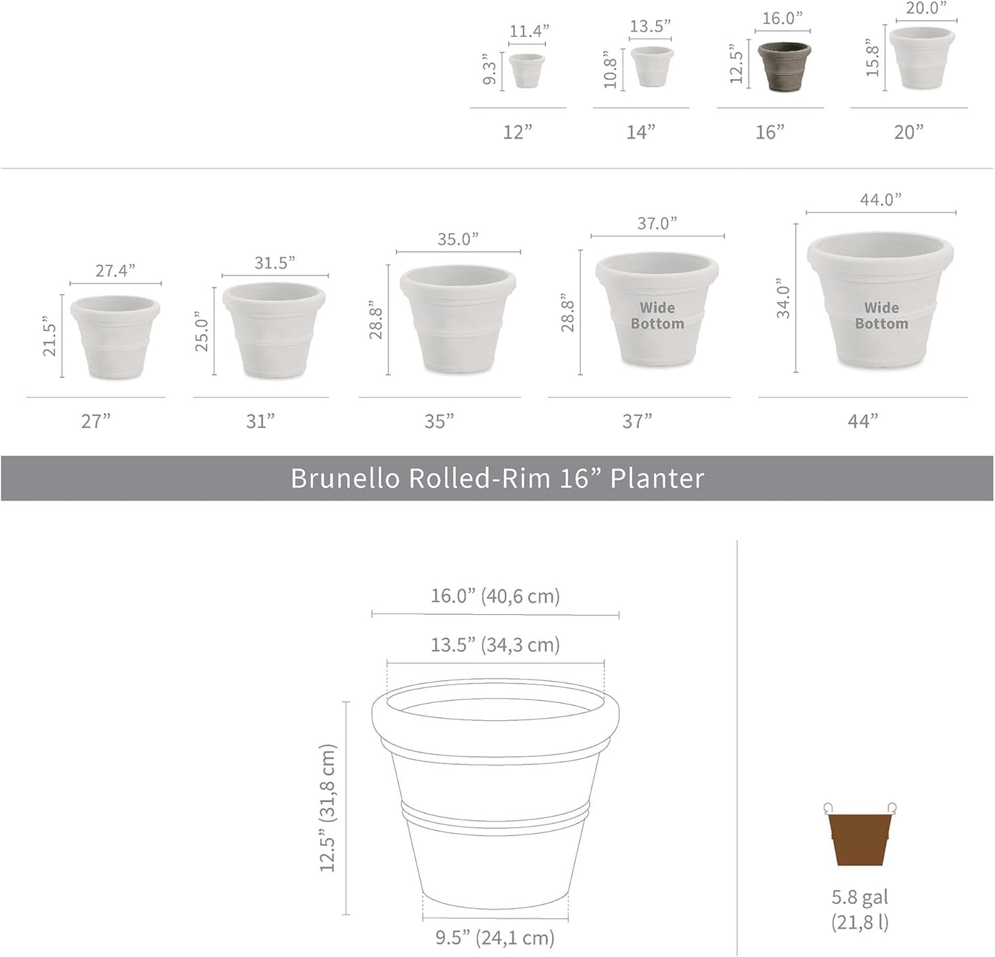 Crescent Garden Brunello Classic Rolled Rim Planter Pot, Indoor/Outdoor Weather-Safe Round Plant Pot, 16'' (Caviar Black)