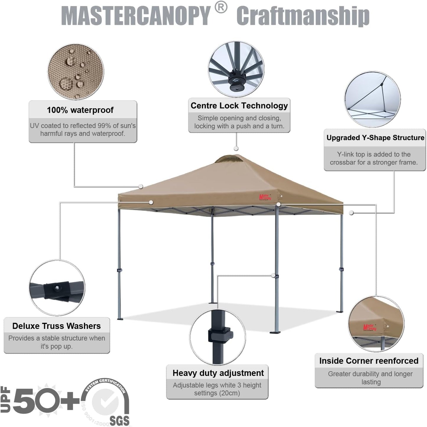 MASTERCANOPY Durable Pop-up Canopy Tent with Roller Bag (12x12, Khaki)