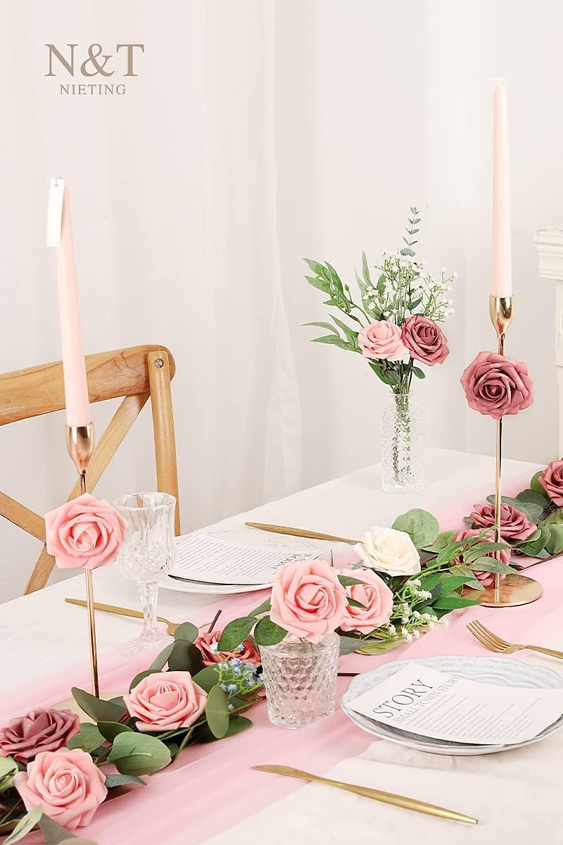 N&T NETING Artificial Flowers Roses 25pcs Real Looking Fake Spring Roses Stem for DIY Wedding Bouquets Centerpieces Arrangements Home Decorations Party Baby Shower Shades of Dusty Rose, Pink & Cream