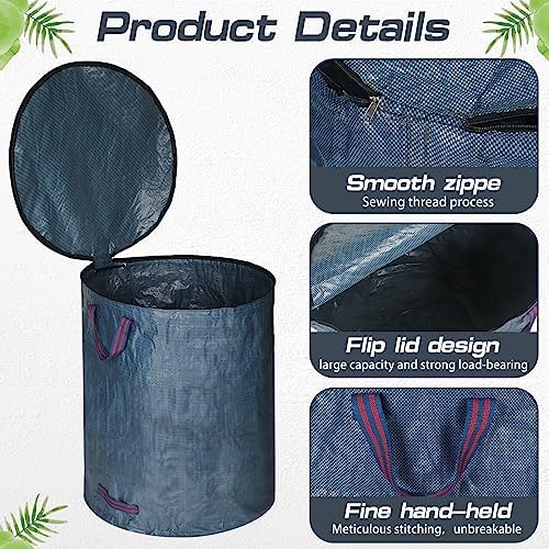 Windyun 6 Pack Leaf Bags with Lid Reusable Yard Waste Bags with 4 Handles Heavy Duty Garden Bags for Leaves Collapsible Container for Lawn (Blue Gray, 72 Gallons)