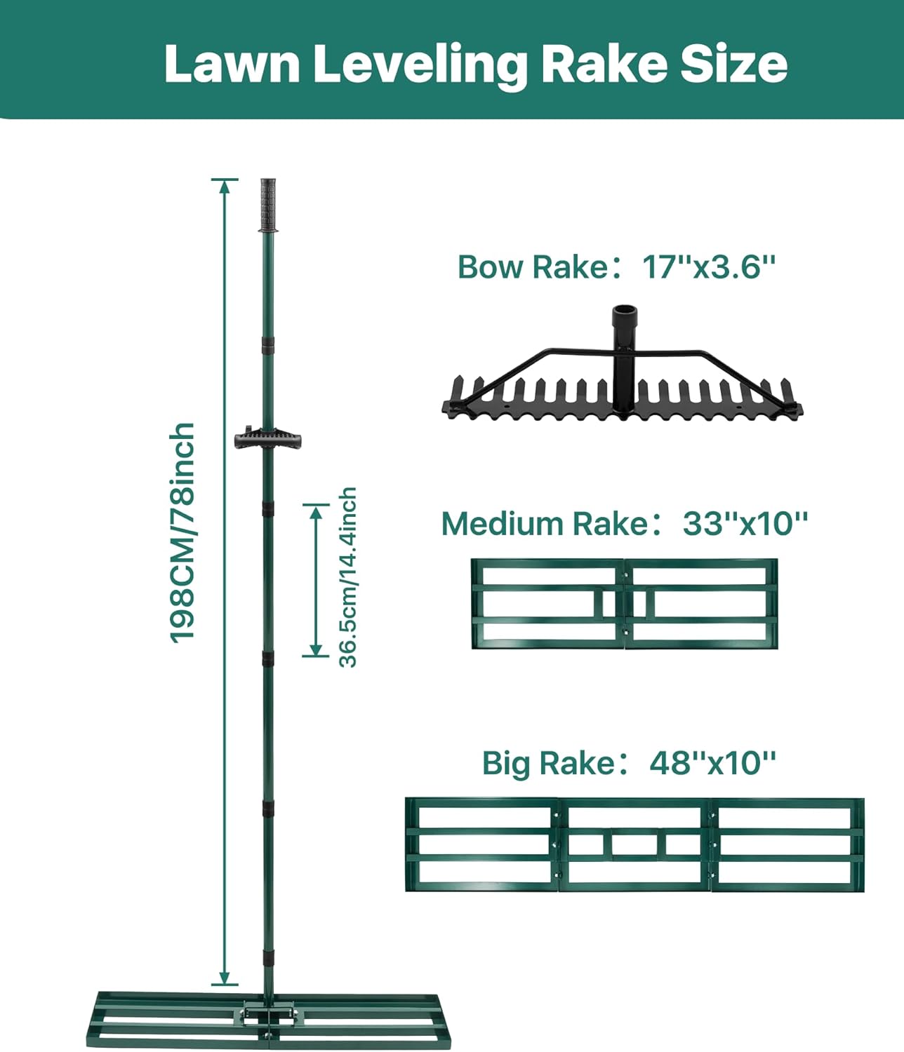 Lawn Leveling Rake 33x10'', Yard Leveling Rake with 78'' Back-Saving Adjustable Handle, Stainless Steel Lawn Leveler Tool with 17'' Tines Head for Garden, Backyard, Farm, Golf Course