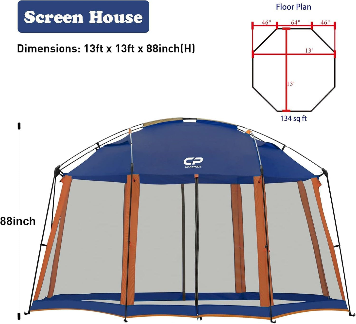 CAMPROS CP Screen House 13 x 13 Ft Screened Mesh Net Wall Canopy Tent Screen Shelter Gazebos for Patios Outdoor Camping Activities - Blue