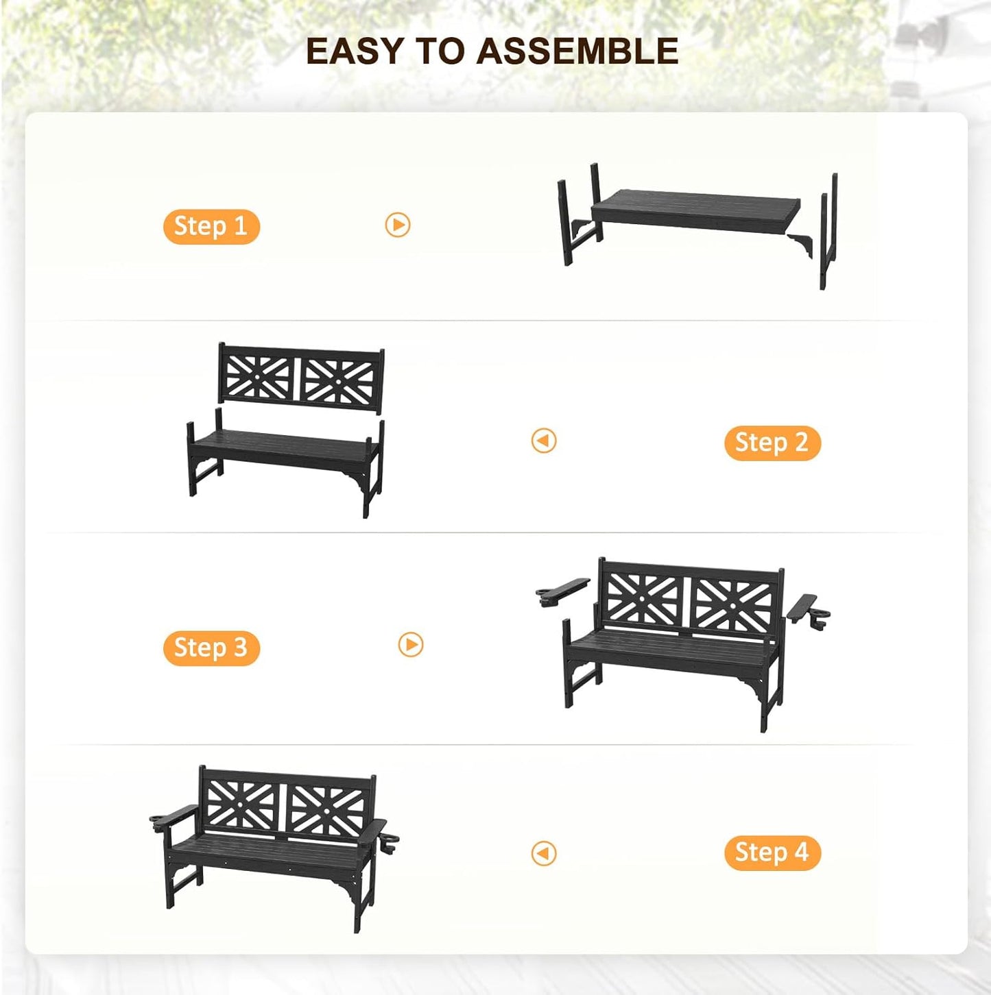 nalone Outdoor Bench with Cup Holders, HDPE All Weather Porch Bench Load up to 800 Lbs, 2-Person Garden Benches Rot-Proof Fade Proof for Patio, Porch, and Park (Black)