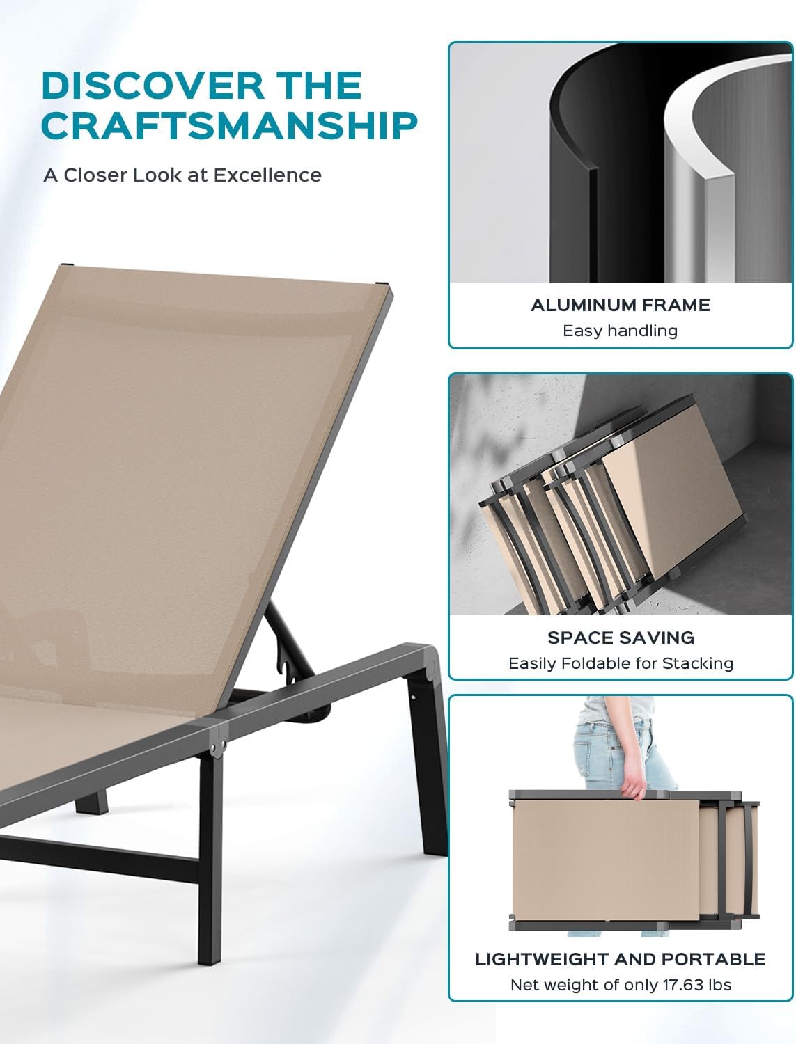 Patio Chaise Lounge Chair, Foldable Lounge Chair for Outside, Aluminum Chairs Set of 2 with 5 Adjustable Backrest, Outdoor Pool Lounger for Poolside, Lawn, Deck, Khaki