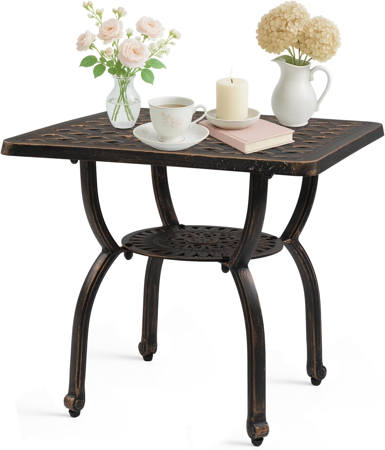 Outvita Patio Side Table, 21.3in Outdoor Square Cast Aluminum Bistro Table and Antique Design for Backyard Porch Pool Balcony Deck White