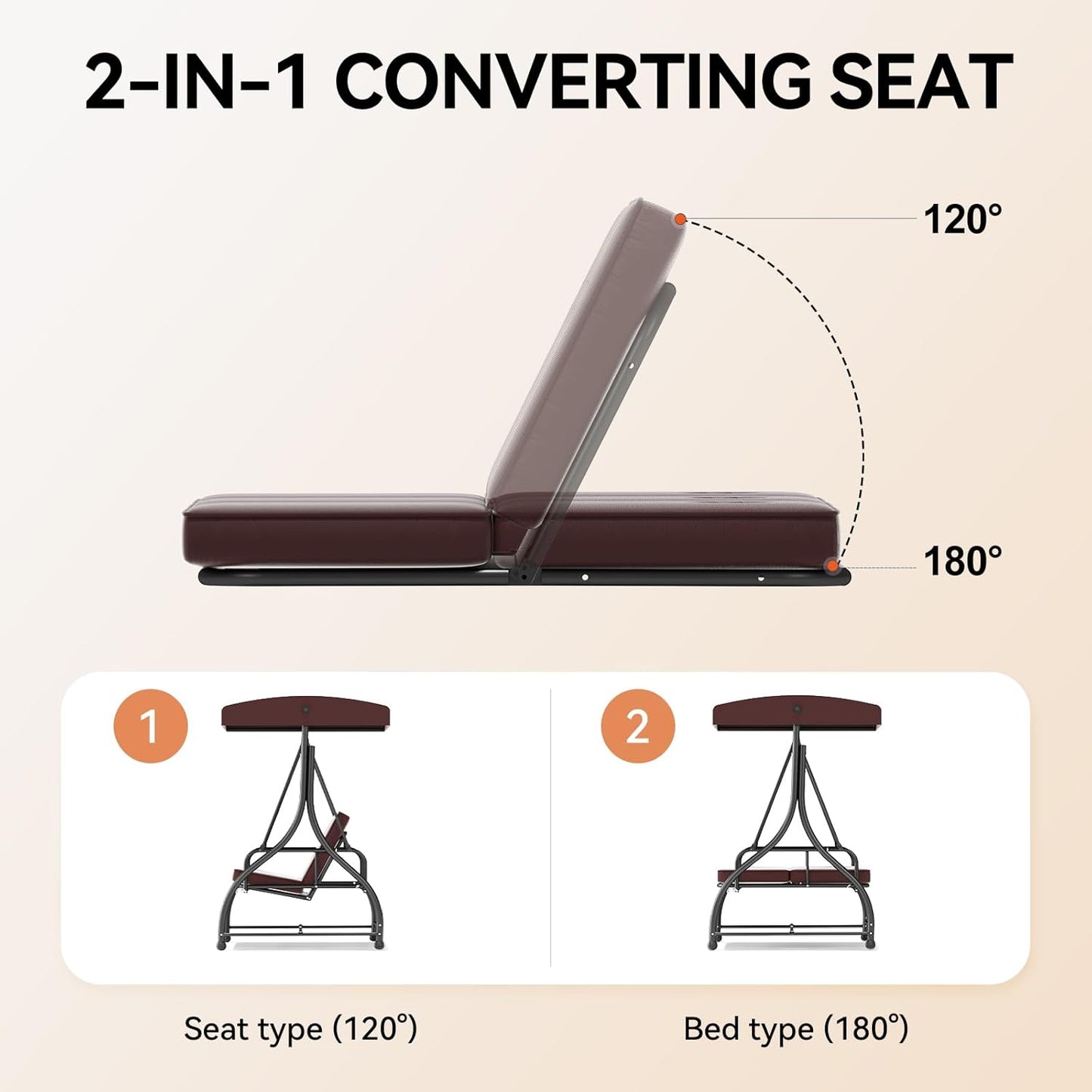 3-Seat Outdoor Patio Swing Glider - Heavy Duty Steel Frame with Adjustable Canopy & Removable Cushions - All Weather Porch Swings Chair for Backyard, Garden, Poolside - Brown