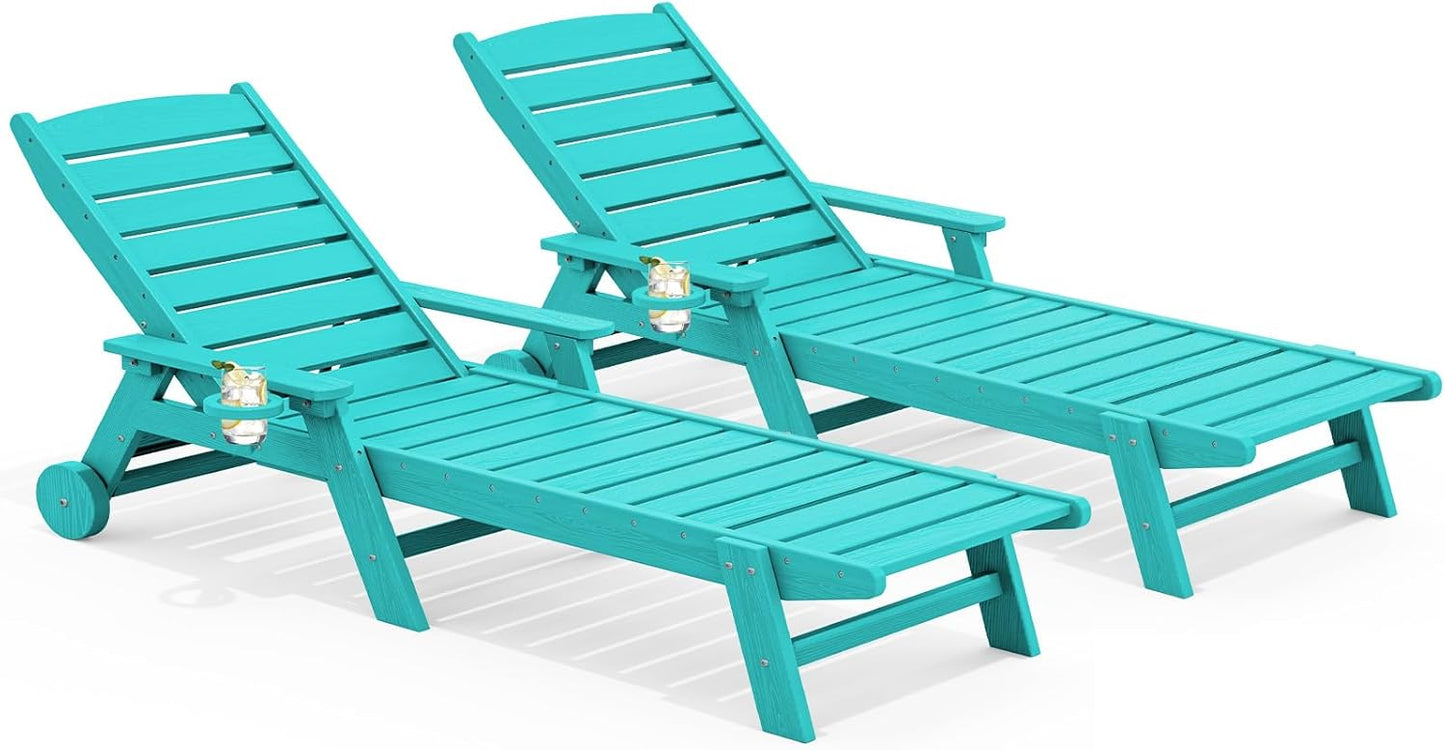 SERWALL Patio Chaise Lounge Chair Set of 2, 78'' Long 5-Positions Adjustable HDPE Outdoor Lounge Chair for Pool, Poly Lounge Chair with Rolling Wheels & Cup Holder for Poolside, Deck, Aqua Blue