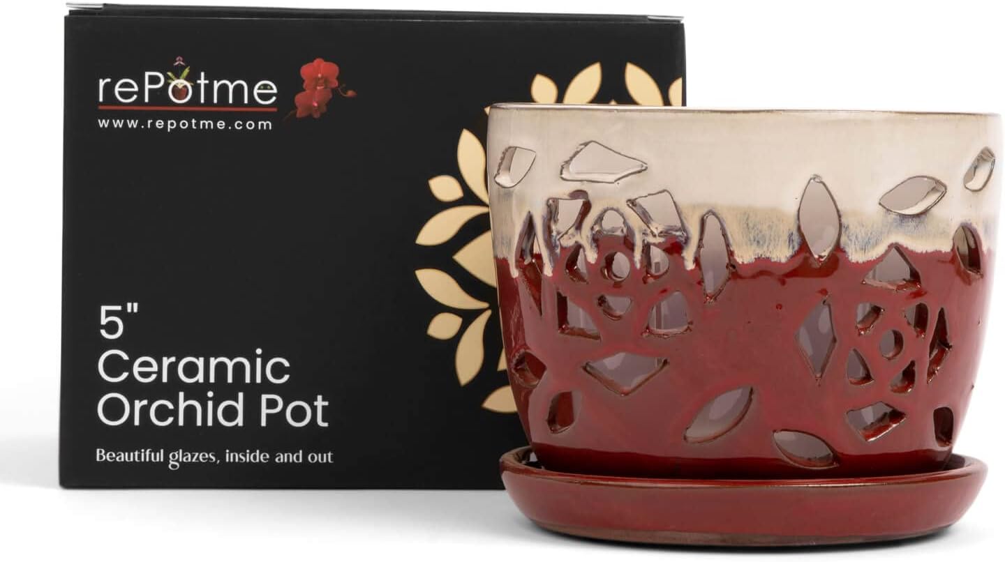 rePotme Orchid Pot - 5 inch Floral Cutout Ceramic Orchid Pot with Holes (Cream Over Garnet) - Includes Free 5 inch Slotted Pot Liner
