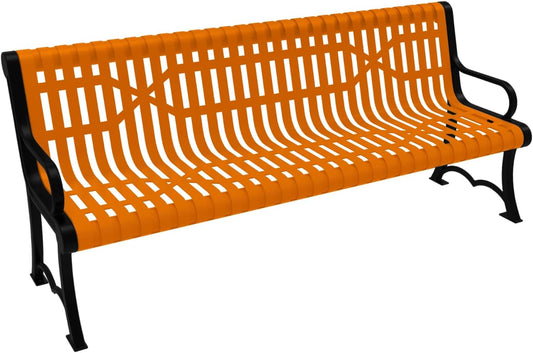 Heavy-Duty Outdoor Bench Thermoplastic Coated, Slatted Steel, Commercial-Grade Garden Bench, Made in America (Portable with Back, 6 Ft, Textured Orange)