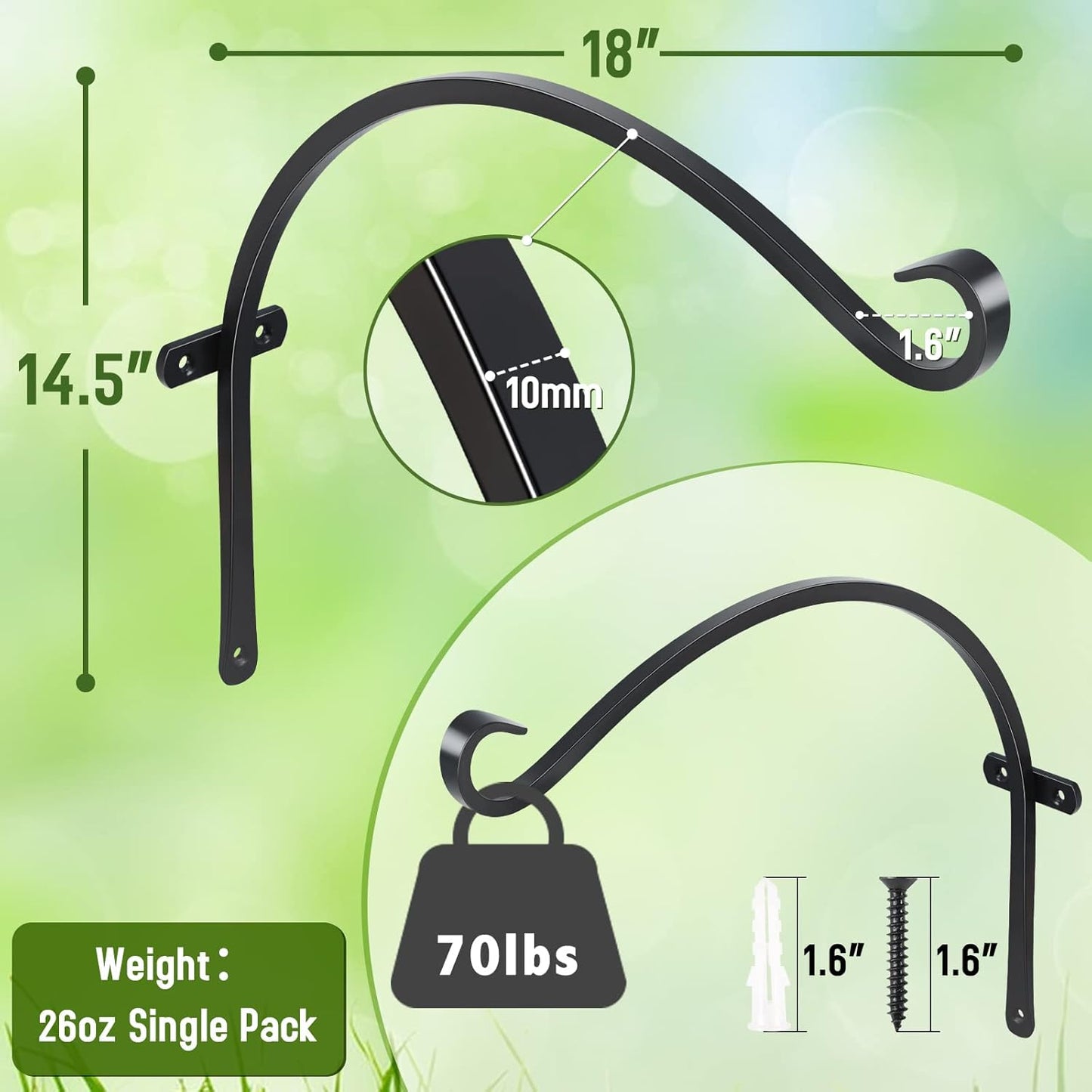 FEED GARDEN 18 Inch 2 Pack Outdoor Hanging Plant Bracket for Bird Feeders, Wind Chimes, Lanterns, Heavy Duty Metal Iron Wall Hooks with 6 Screws