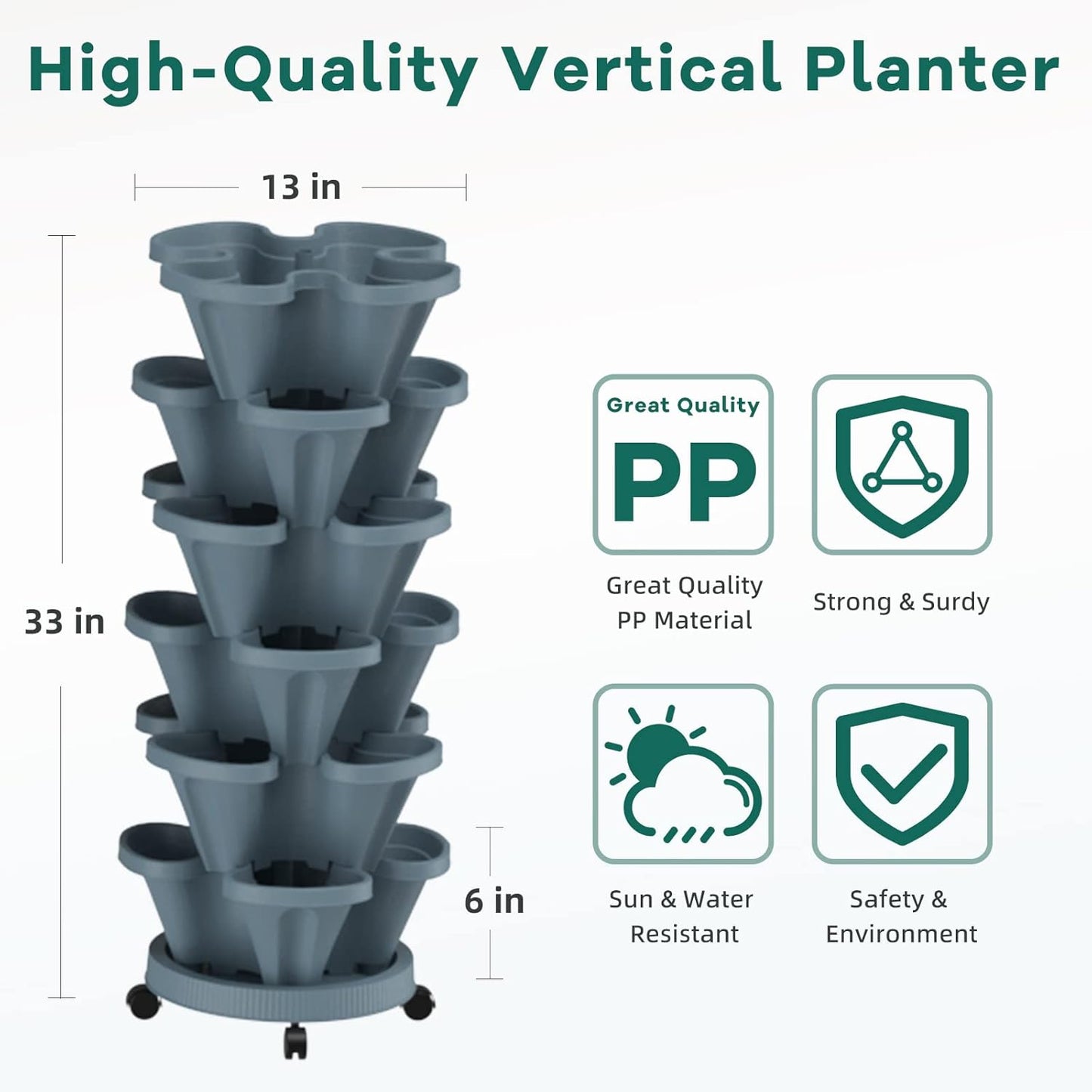 Strawberry Stackable Planters, Vertical Tower Garden, 6 Tiered Stacking Herb Vegetable Planters with Movable Casters and Bottom Saucer Indoor and Outdoor - Dark Grey