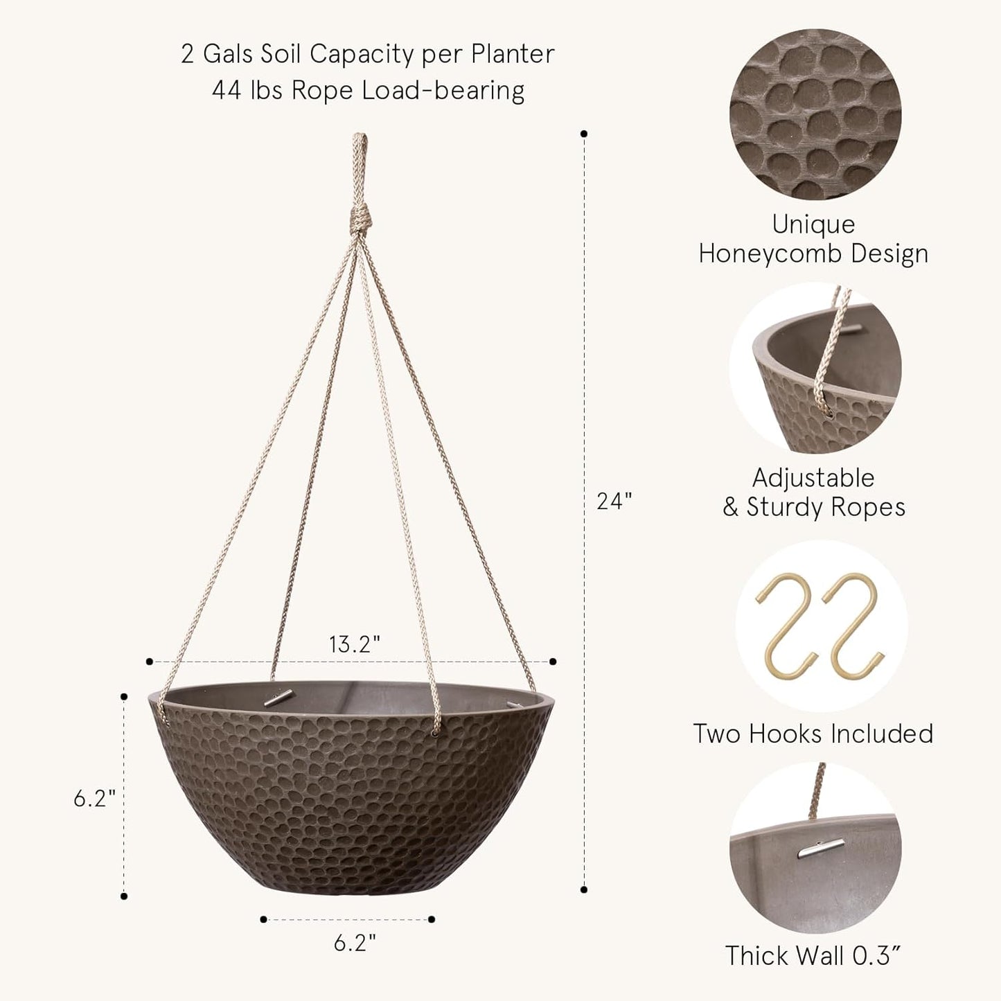 LA JOLIE MUSE Hanging Planters for Outdoor Plants, Large Outdoor Hanging Planters with Drain Holes Ash Brown, Honeycomb (13.2 Inch, Set of 2)