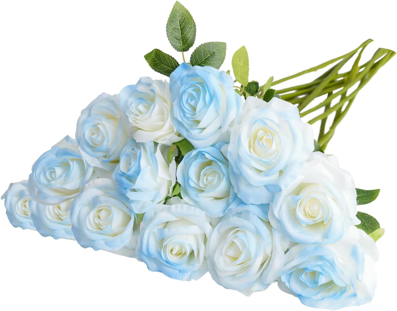 Ice Blue Artificial Roses Fake Flowers Not Bend The Peduncle with Stems for DIY Wedding Bouquets Bridal Shower Centerpieces Arrangements Tables Decorations 24pcs