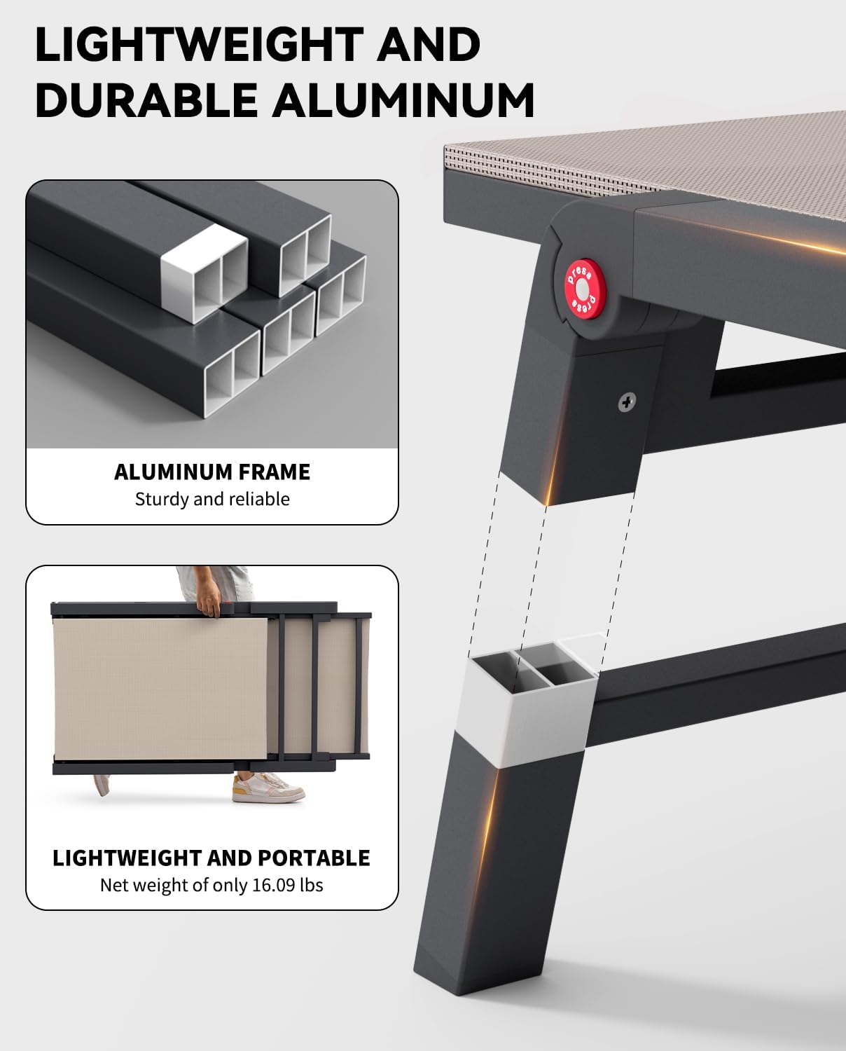 Aluminum Chaise Lounge Chair Outdoor, Foldable Patio Lounge Chair Assemble-Free, Pool Lounge Chairs with 5 Adjustable Backrest, Outdoor Lounge Chairs for Outside Poolside Beach Lawn Beige