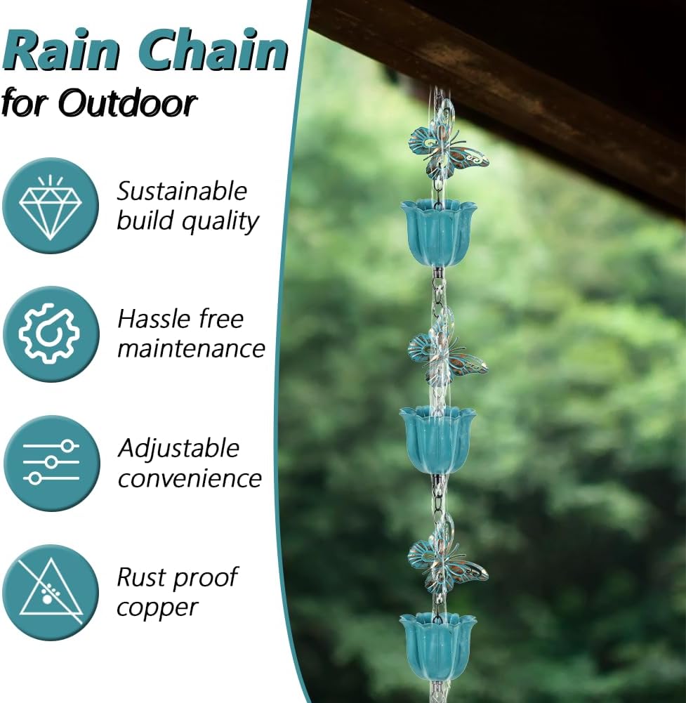 Lotus Rain Chain, 8.2 ft Rain Chains for Gutters with 10 Cups, Adjustable Rain Catcher Chains with Bell for Gutters, Eaves, Drainage, Replacement Downspout