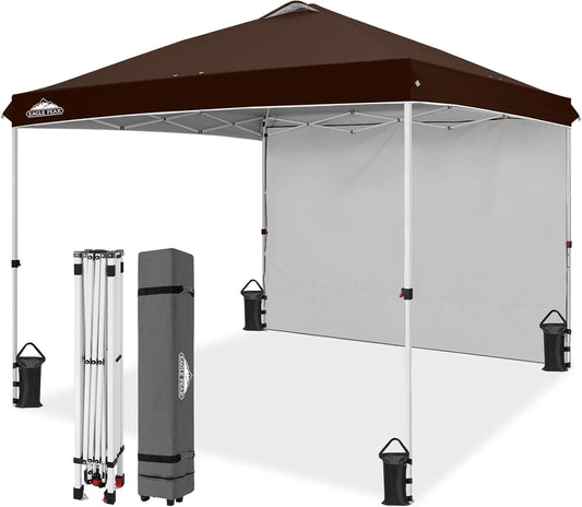 EAGLE PEAK Pop Up Canopy Tent with 1 Sidewall, Easy Setup Event Tent, Outdoor Sun Shade, Wheeled Carry Bag, Stakes and Guy Ropes, Instant Canopy 10x10, Brown