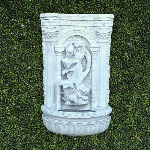 XBrand 30.3" Solar-Powered Wall Mounted Water Fountain with Maiden & Floral Detail, Tiered Waterfall Design for Garden, Yard or Courtyard, Durable Polyresin, Antique Stone