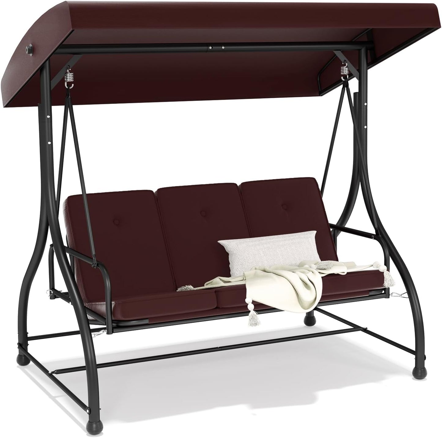 3-Seat Outdoor Patio Swing Glider - Heavy Duty Steel Frame with Adjustable Canopy & Removable Cushions - All Weather Porch Swings Chair for Backyard, Garden, Poolside - Brown