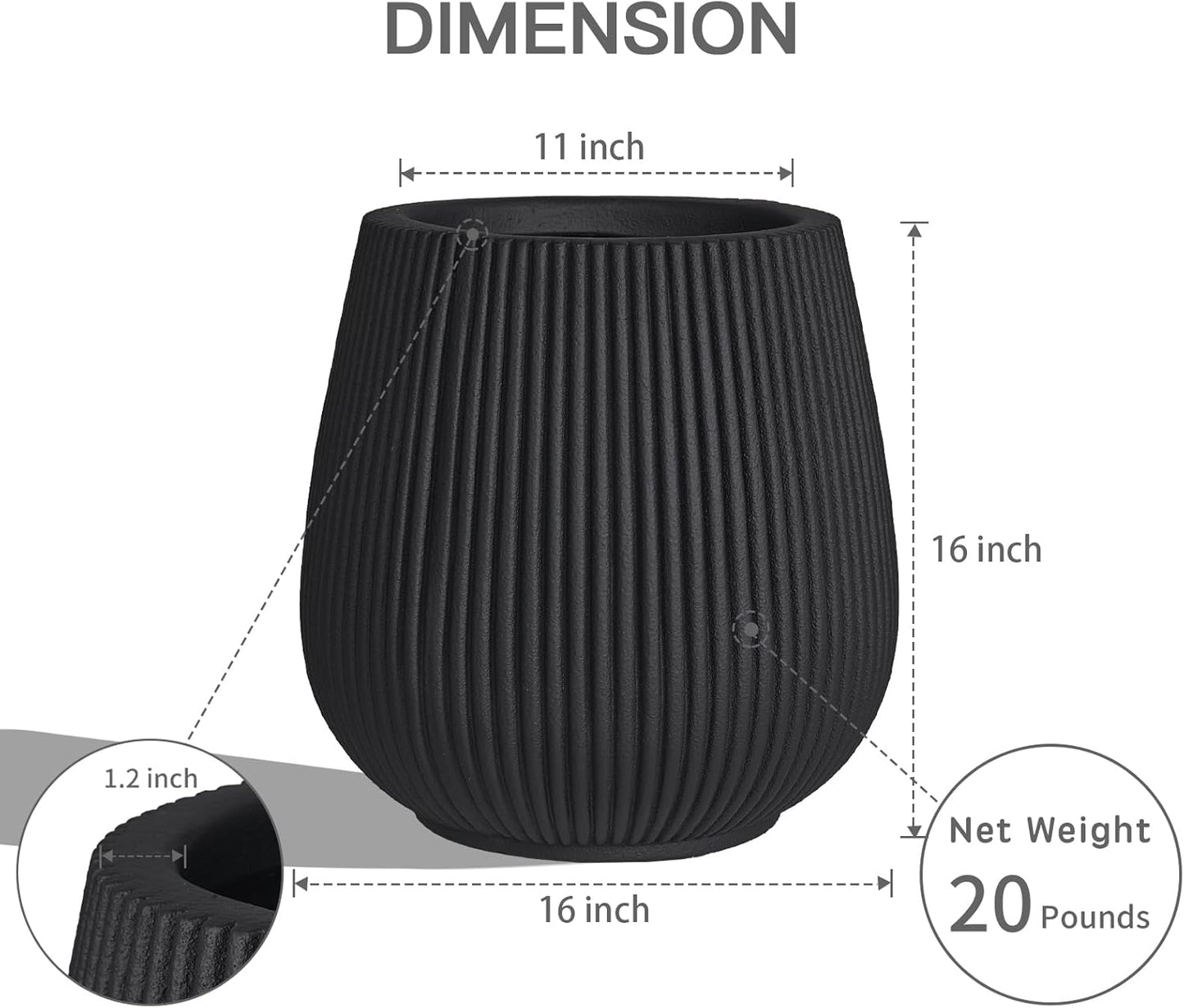 16 Inch Handmade Concrete Outdoor Planter - Classic Striped Design | Fiberglass & Composite Material | Durable for Commercial & Home Decor