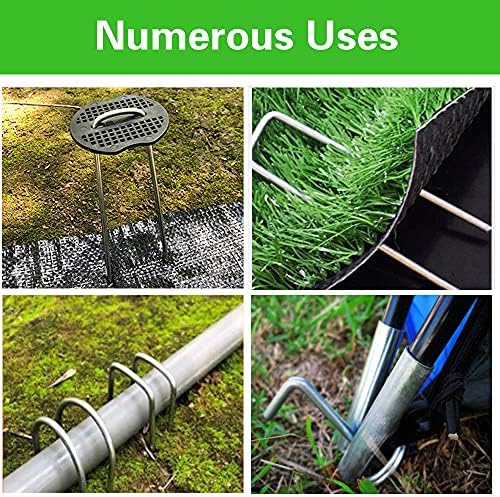 100Pcs Garden Stakes Staples + 100Pcs Gasket, Bakulyor 6 Inch Lawn Landscape Staples 11 Gauge U Shaped Galvanized Landscape Pins, Heavy Duty Yard Ground Pin for Weed Barrier Sod Fabric Decorations