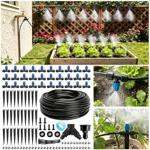 Riboud 165FT Drip Irrigation Kit, Quick-Connect Garden Watering System with 30 Adjustable Misting Nozzles for Garden Greenhouse, Hanging Plants, Raised Beds