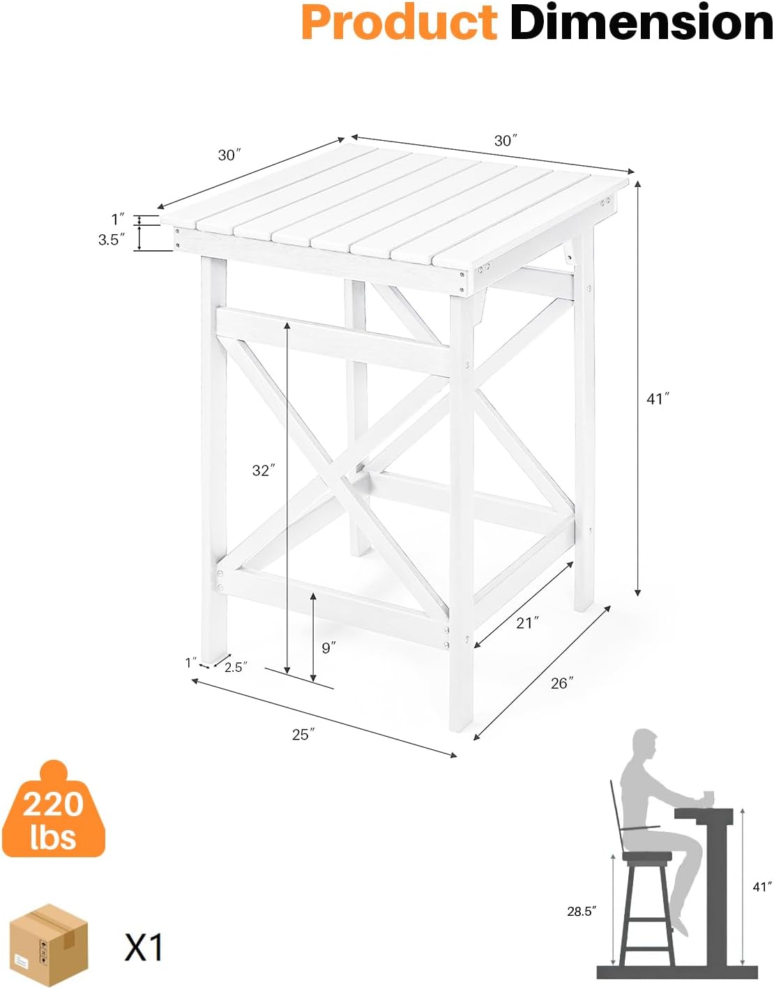 HDPE Outdoor Bar Table, 41" Adirondack Outdoor Bar Height Table, Weather Resistant HDPE Patio High Top Pub Table, Square HDPE Patio Bar Tables for Garden, Porch, Poolside, Balcony, Pearl