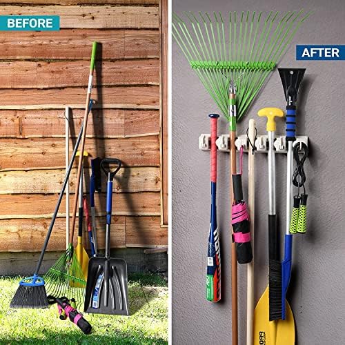 HOME IT Mop and Broom Holder Wall Mount 2 Pack, Heavy Duty, 5 Slots 4 Hooks